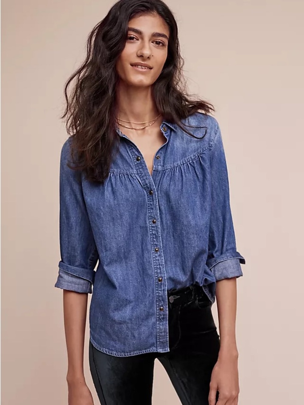HOLDING HORSES Anthropologie Birds at Sunset Embroidered Denim Shirt - Picture 2 of 5
